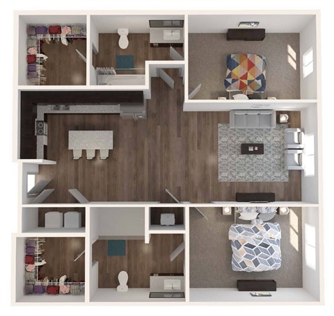 Floor plan for 2 beds, 2 baths, 982 sqft